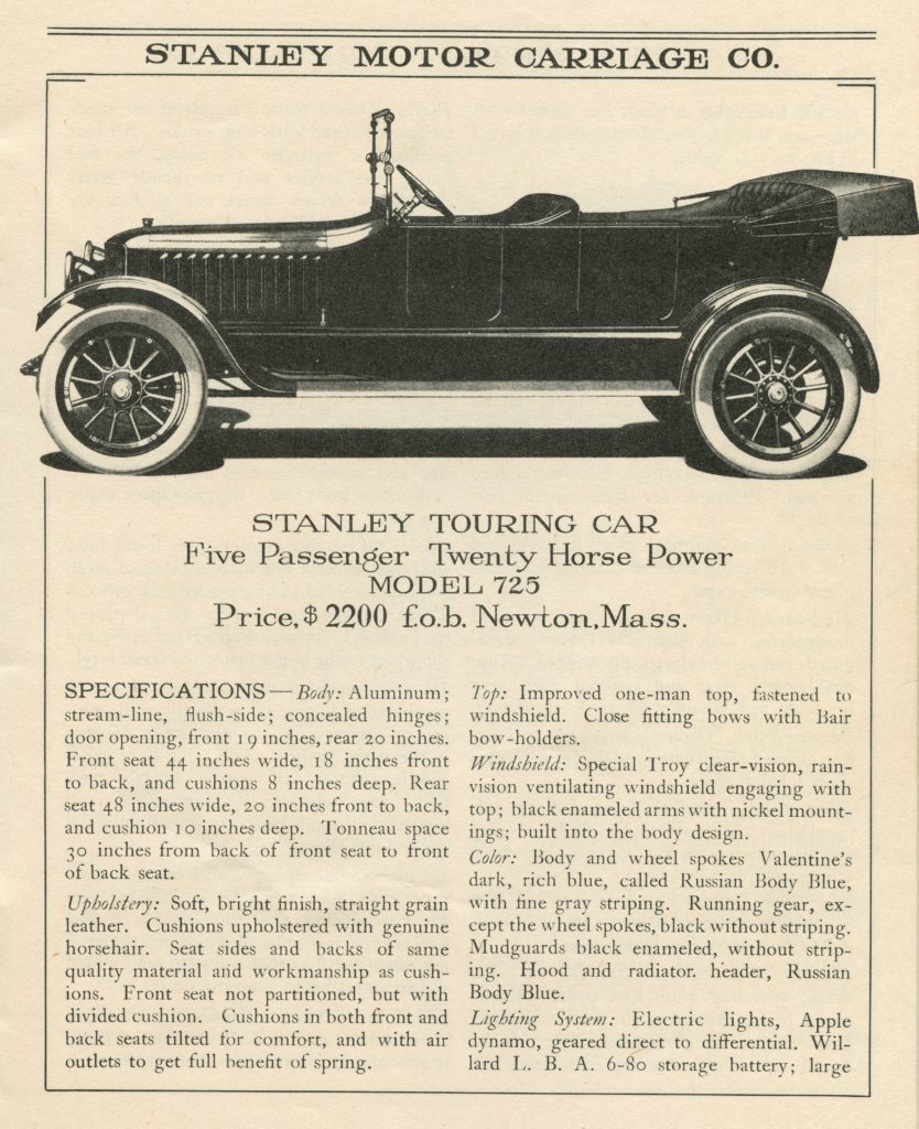 An ad for the1916 Stanley Model 725, featuring a side profile of the car 